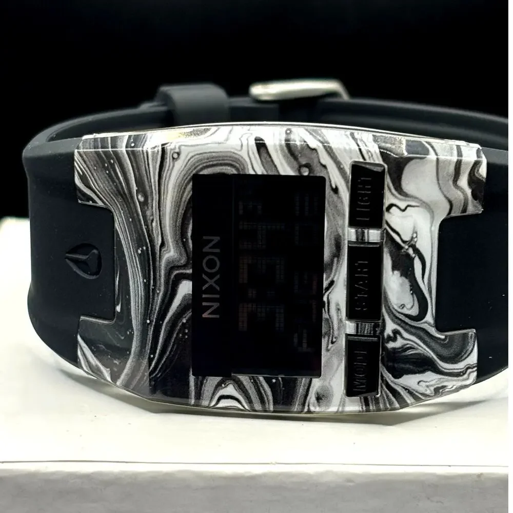 Nixon The Comp S Marbled Black White Amoeba Digital Surf Watch 100M A336